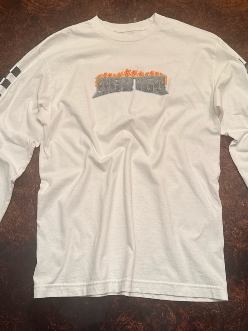 Dexter famous dex White Long-Sleeve Tee with Gray Logo and Orange Flame